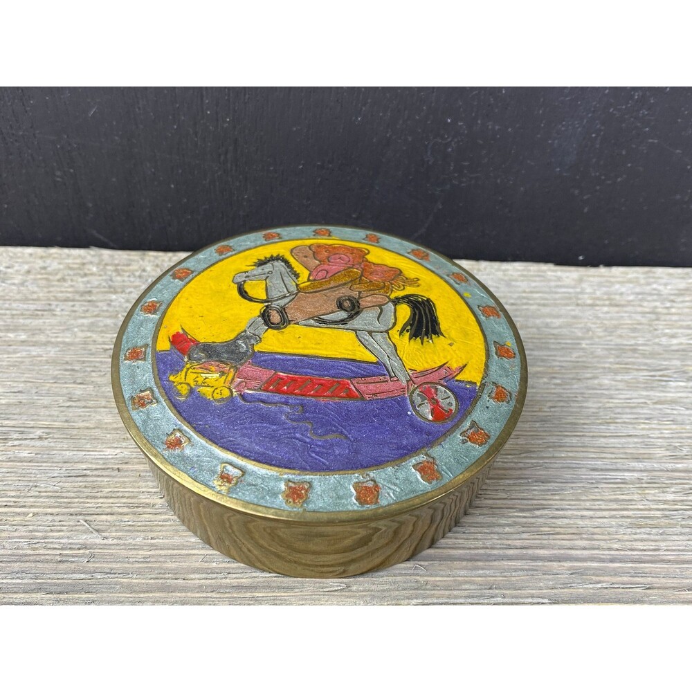 Vintage Enamel Brass Trinket Box, Cloisonne Box, Rocking Horse, Lidded Brass Box